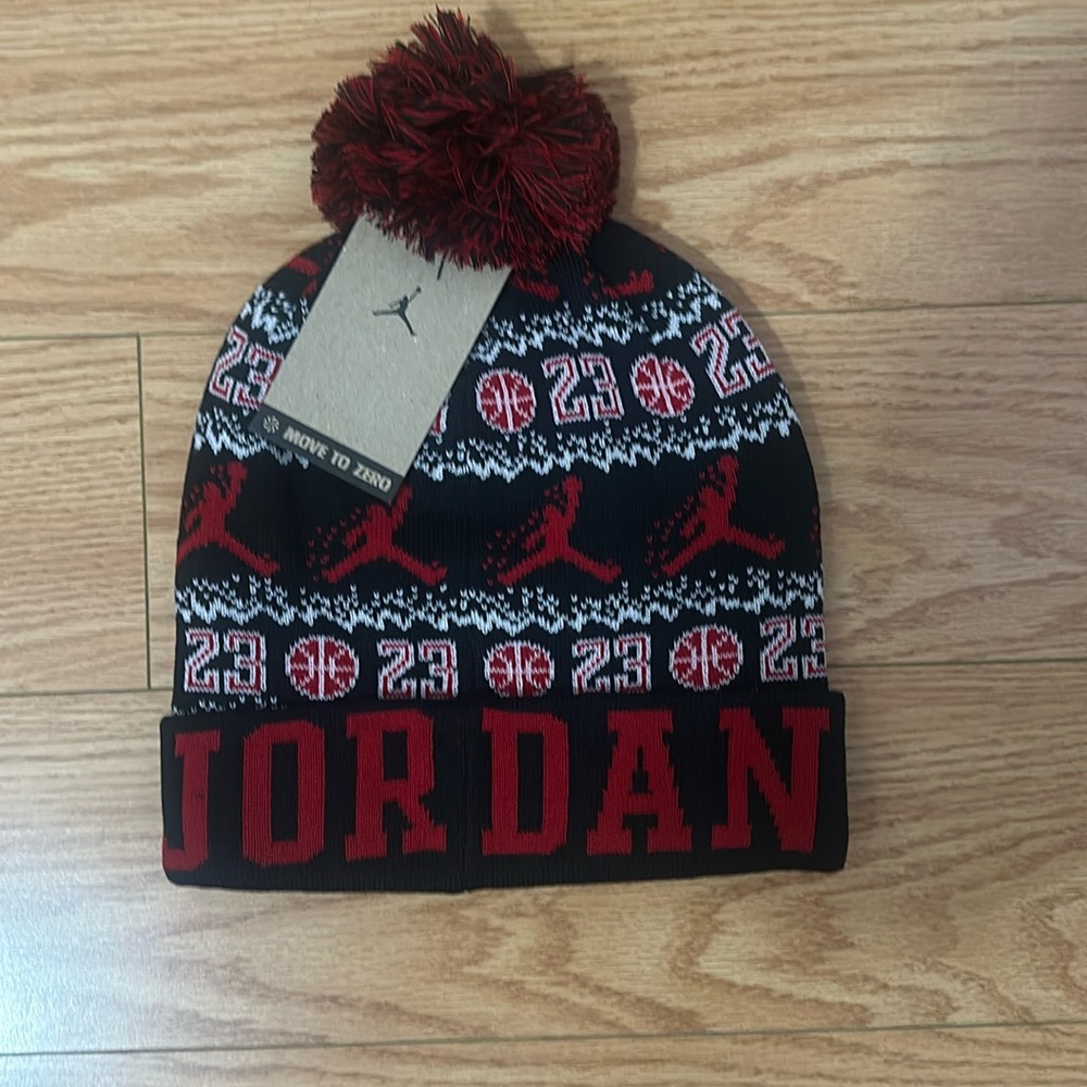 Jordan Black and Red Knit Pom Beanie